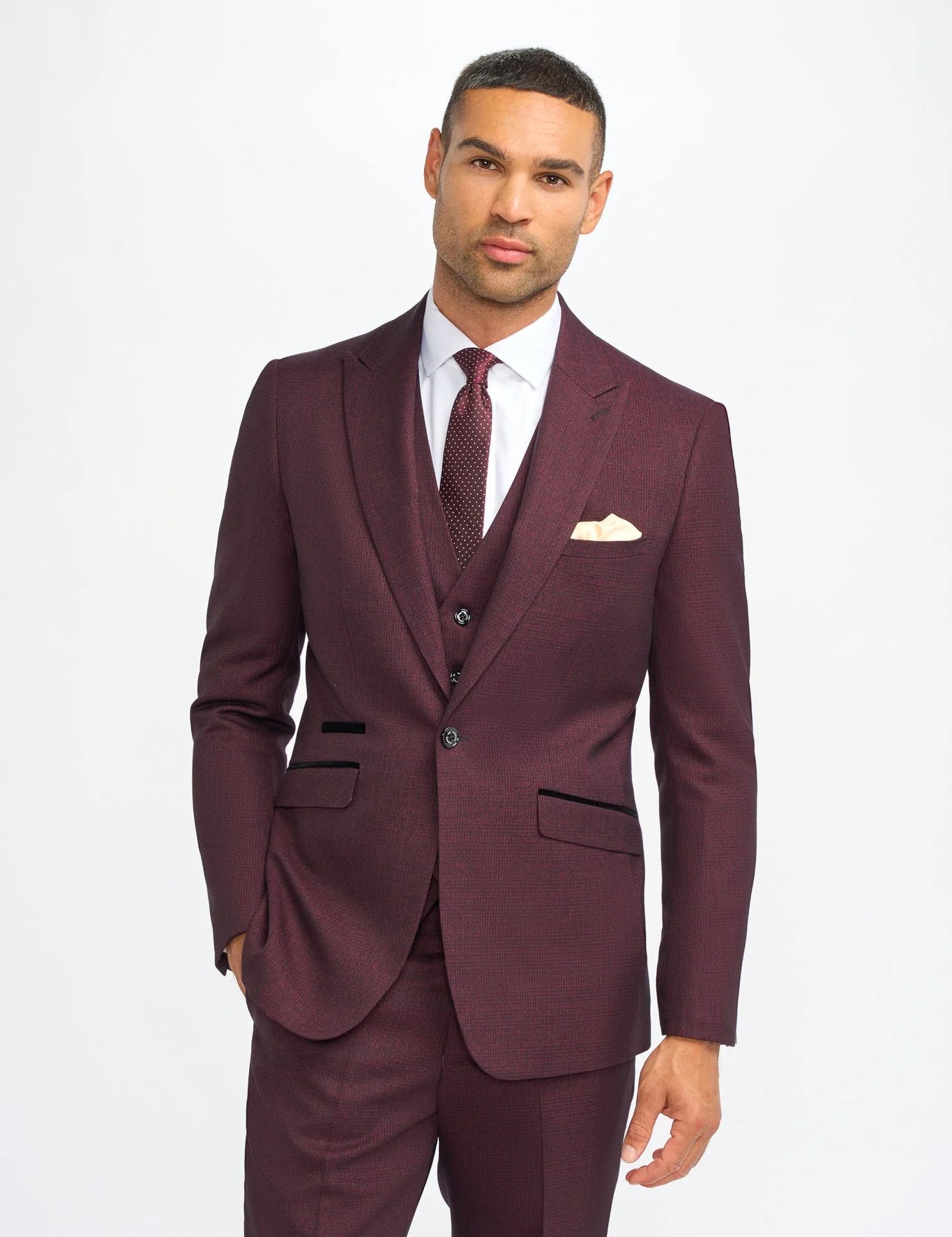 CARIDI MENS WINE 3 PIECE TAILORED CHECK SUIT CAVANI