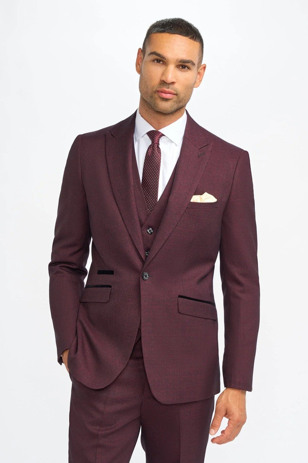 CARIDI MENS WINE 3 PIECE TAILORED CHECK SUIT CAVANI