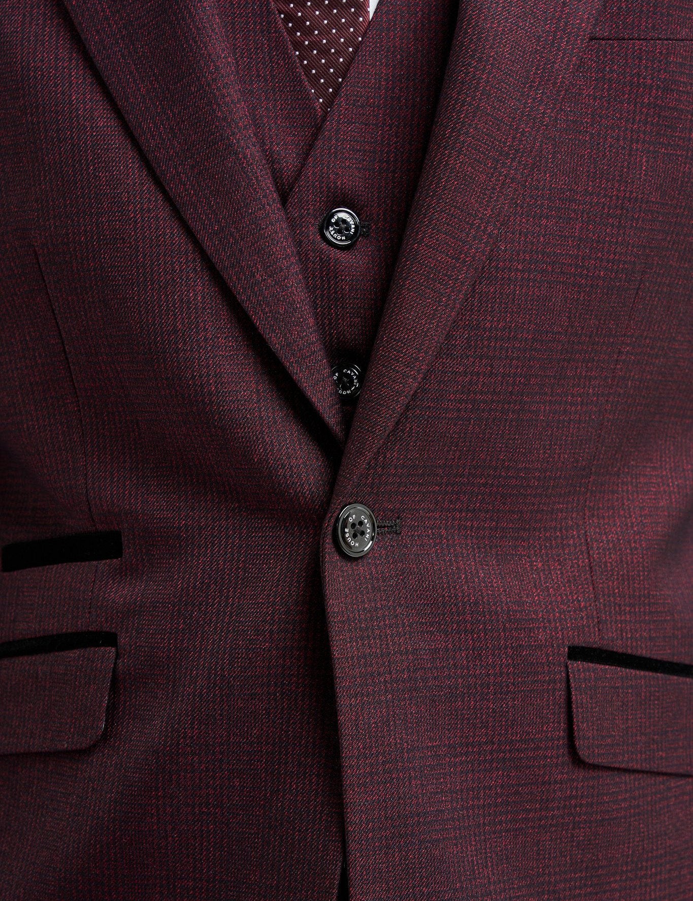 CARIDI MENS WINE 3 PIECE TAILORED CHECK SUIT CAVANI