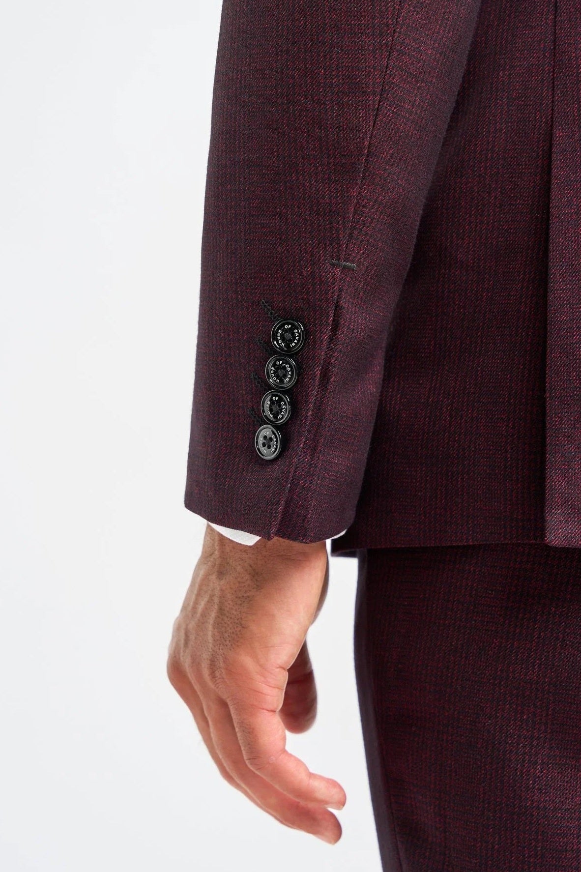 CARIDI MENS WINE 3 PIECE TAILORED CHECK SUIT CAVANI