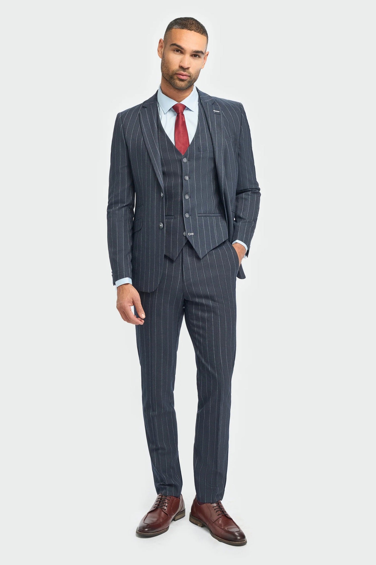INVINCIBLE – NAVY 3 PIECE PINSTRIPE SUIT TAILORED FIT CAVANI