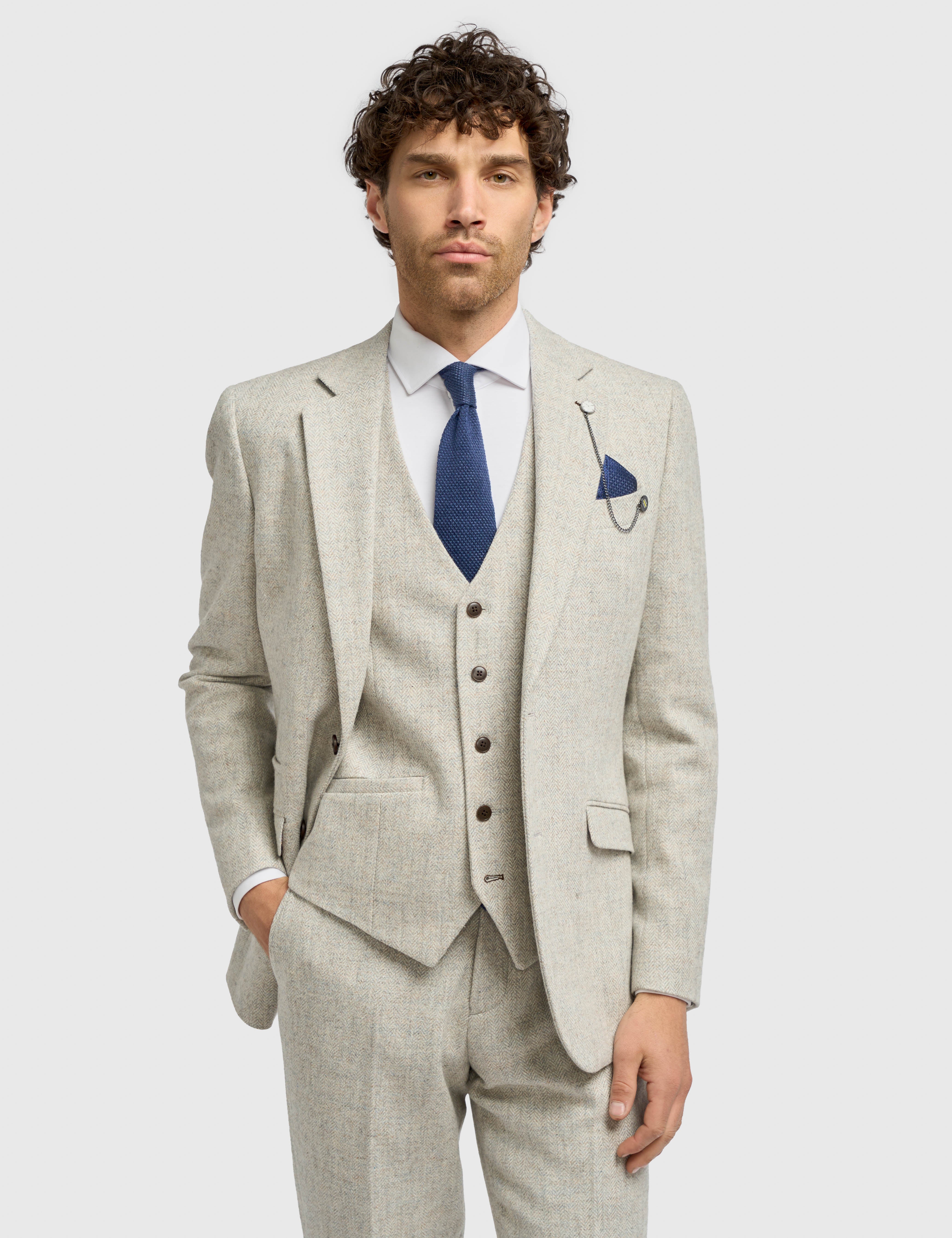 CAVANI – Thomas Pearl Grey Wool Rich Herringbone Jacket