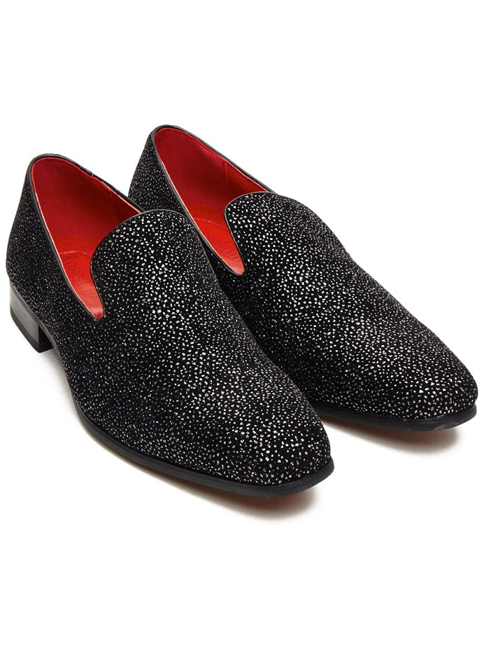 BLACK LEATHER LINED SILVER GLITTER PARTY LOAFERS