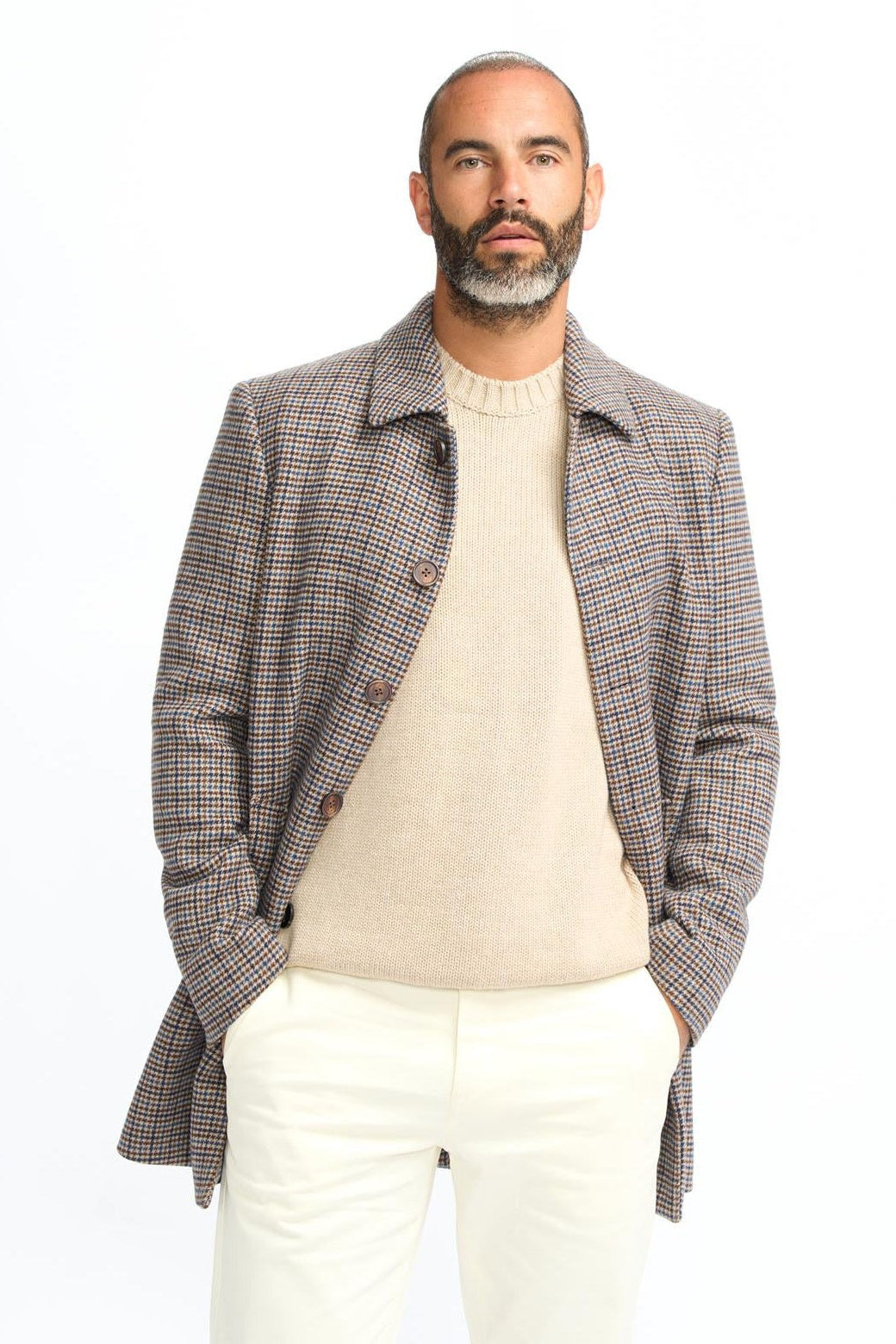 EDDIE – TAN HOUNDSTOTTH CHECK OVERCOAT CAVANI