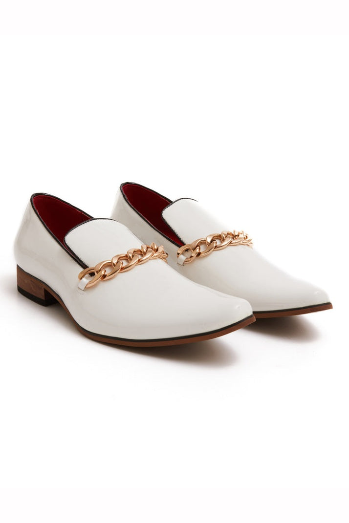 WHITE PATENT LOAFERS WITH GOLD CHAIN
