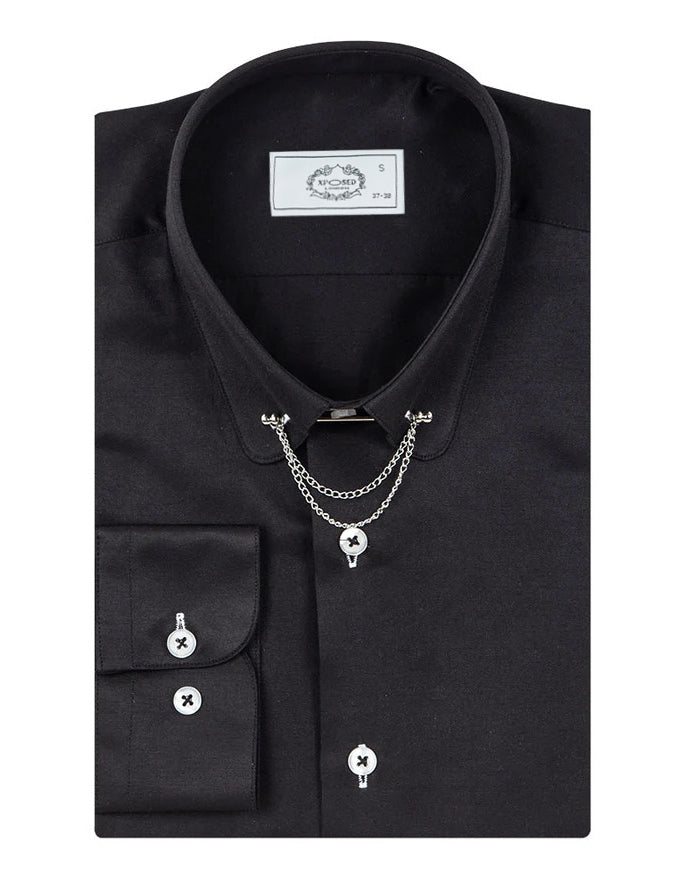 CLASSIC BLACK DRESS SHIRT PENNY COLLAR PIN BAR WITH CHAIN