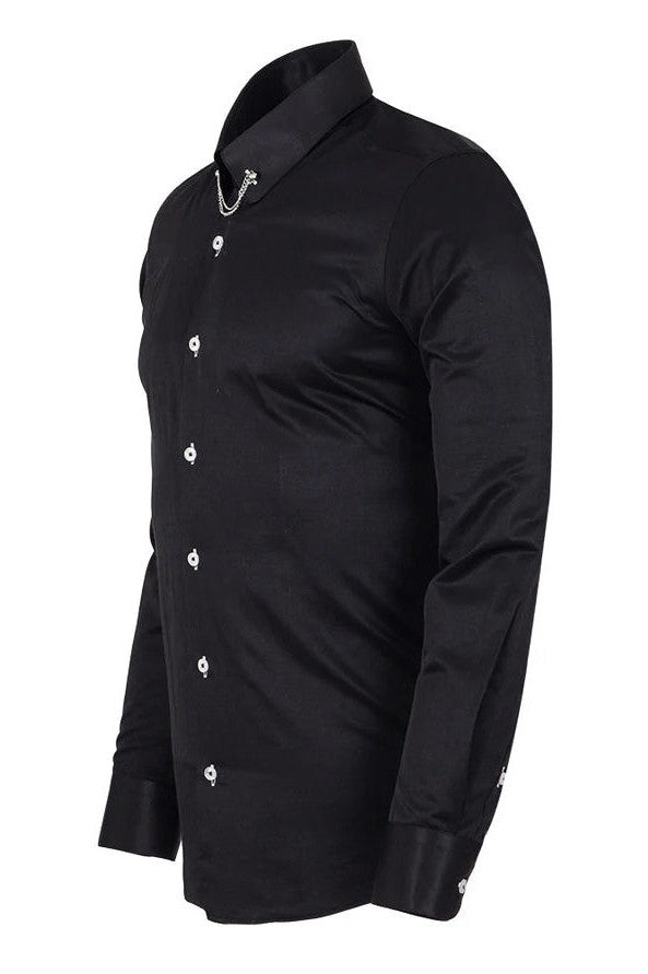 CLASSIC BLACK DRESS SHIRT PENNY COLLAR PIN BAR WITH CHAIN