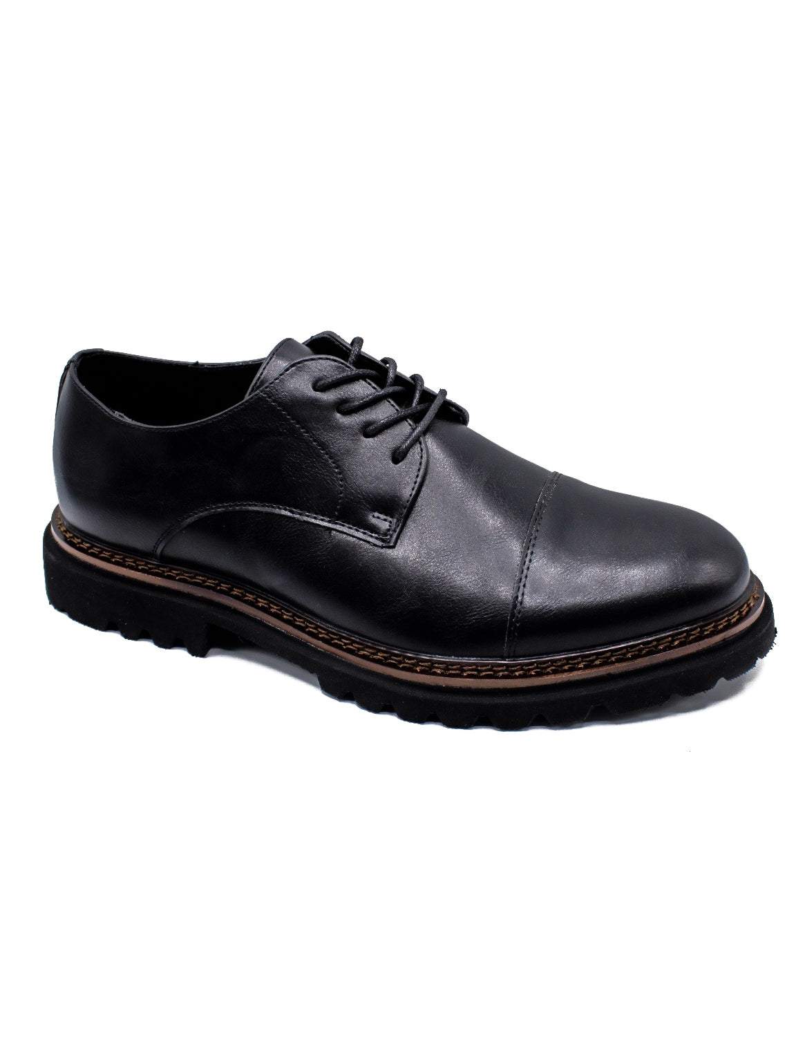 Men’s Round Toe Cap Derby Shoes, Rugged Sole - Black