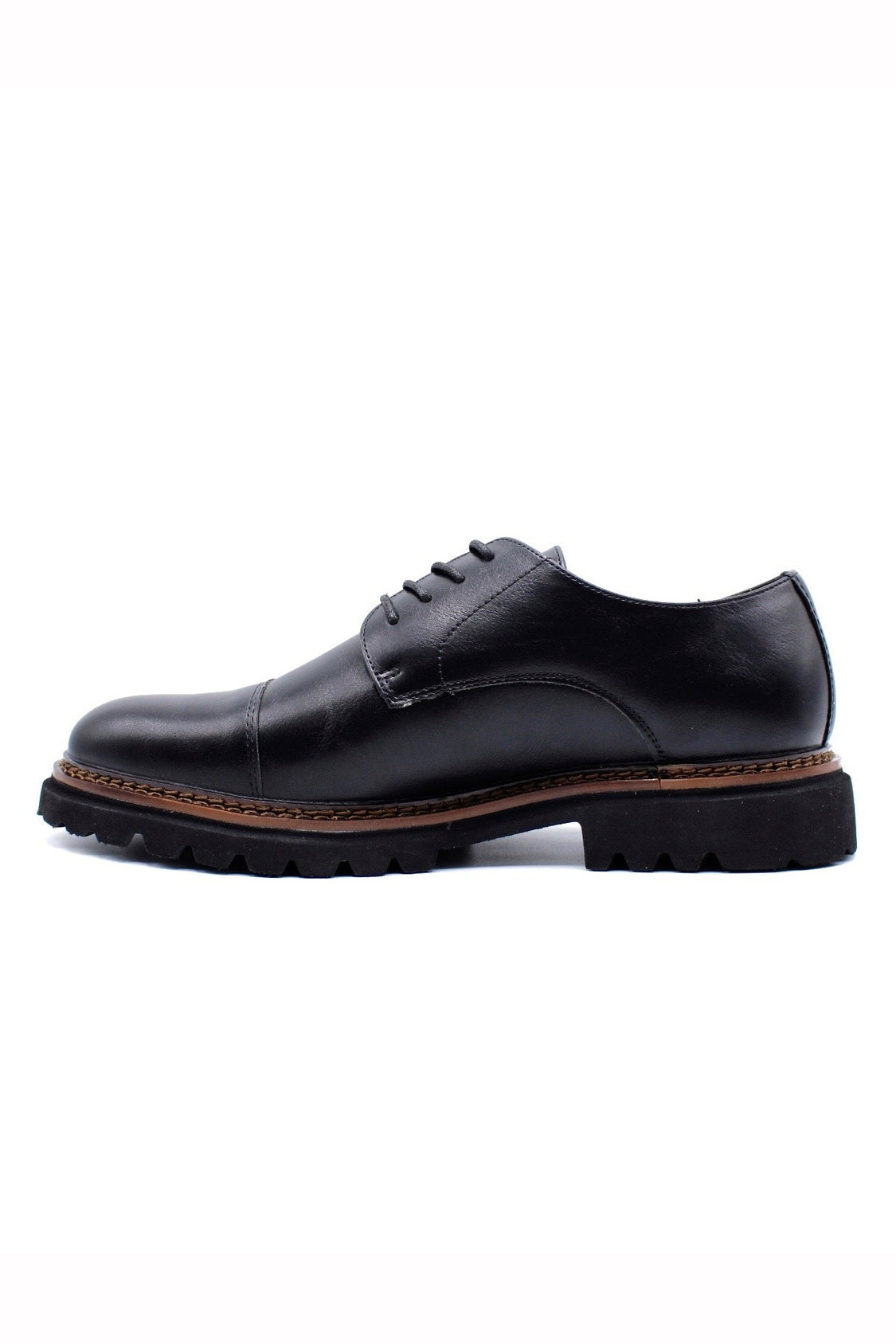 Men’s Round Toe Cap Derby Shoes, Rugged Sole - Black