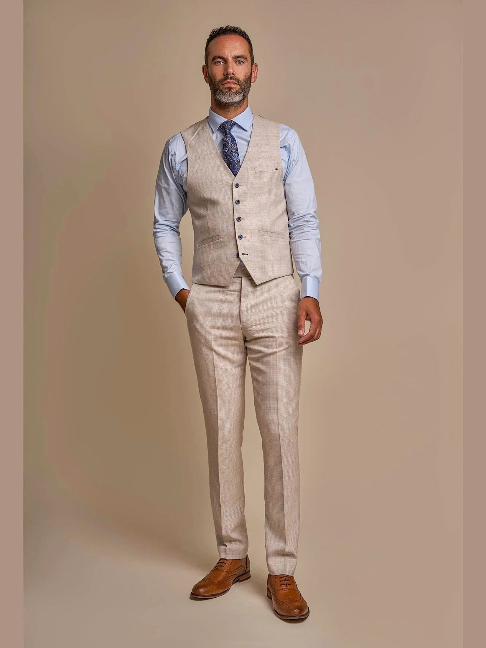 MENS CARIDI BEIGE TAILORED FIT THREE PIECE SUIT CAVANI
