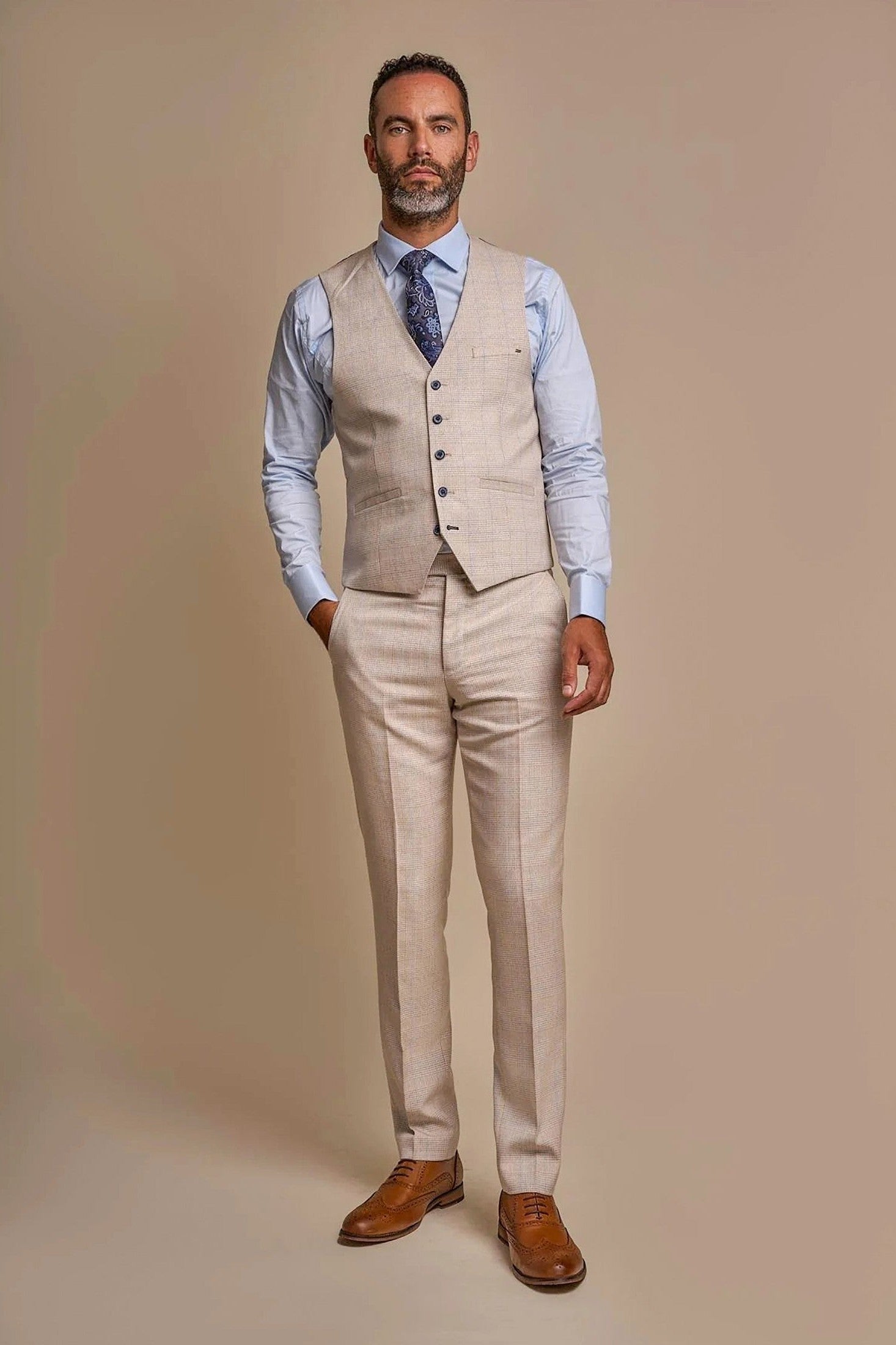 MENS CARIDI BEIGE TAILORED FIT THREE PIECE SUIT CAVANI