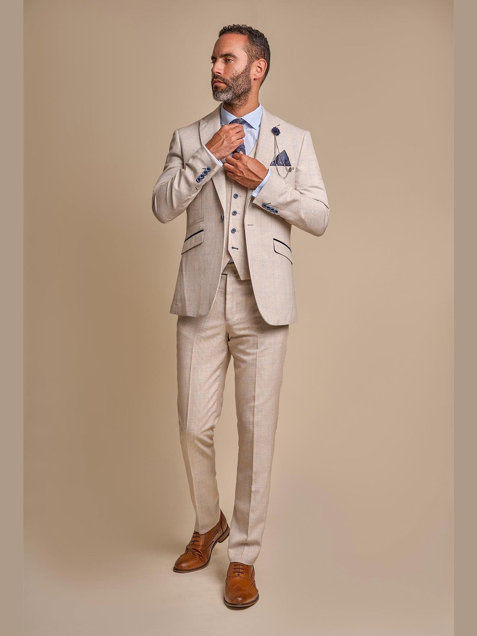 MENS CARIDI BEIGE TAILORED FIT THREE PIECE SUIT CAVANI