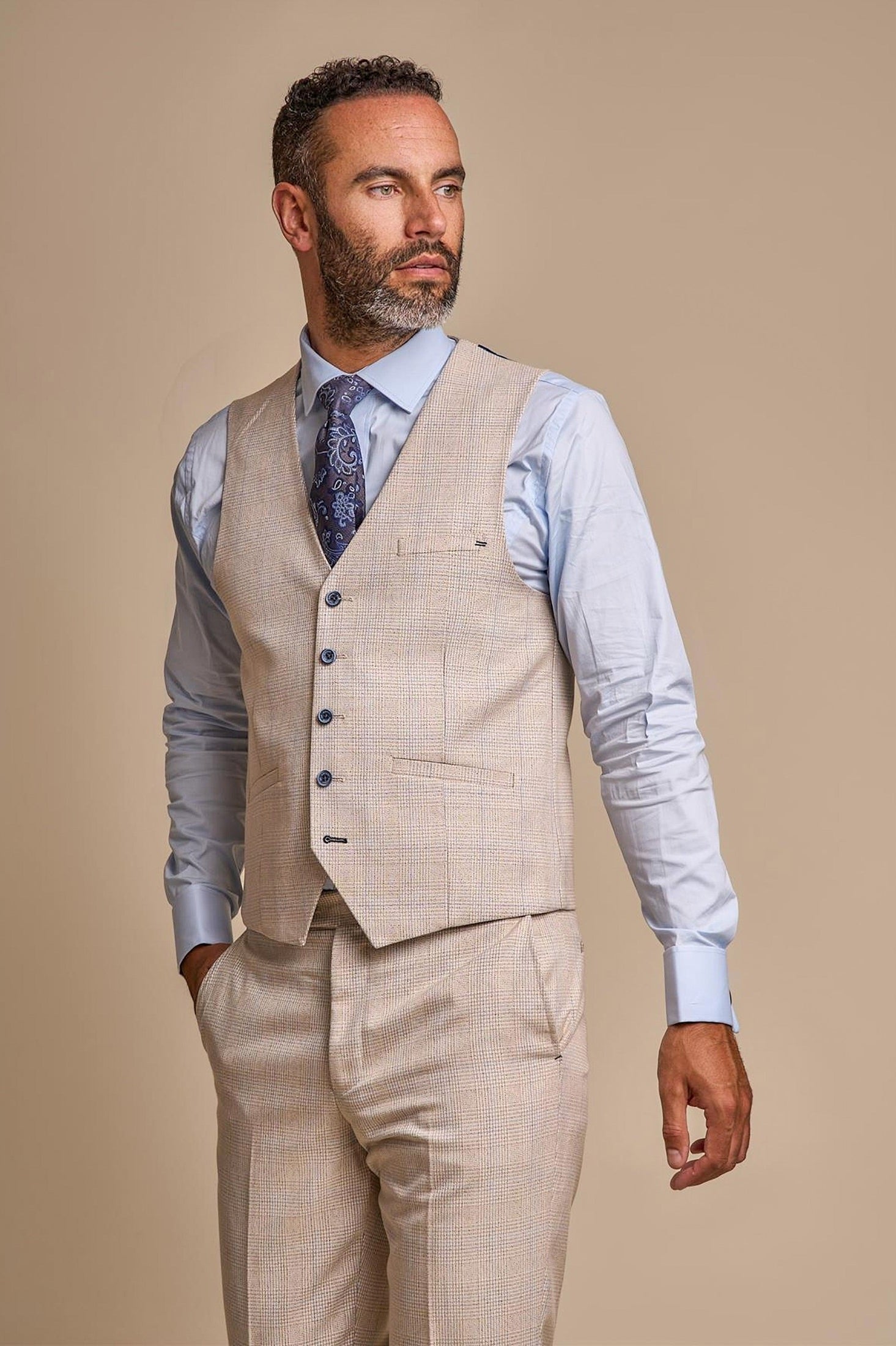 MENS CARIDI BEIGE TAILORED FIT THREE PIECE SUIT CAVANI