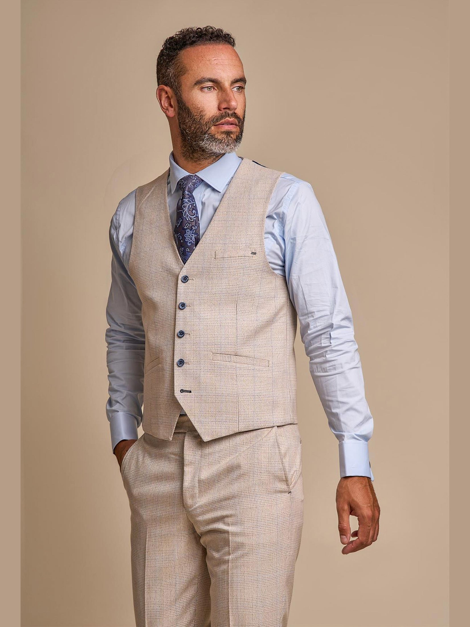 MENS CARIDI BEIGE TAILORED FIT THREE PIECE SUIT CAVANI