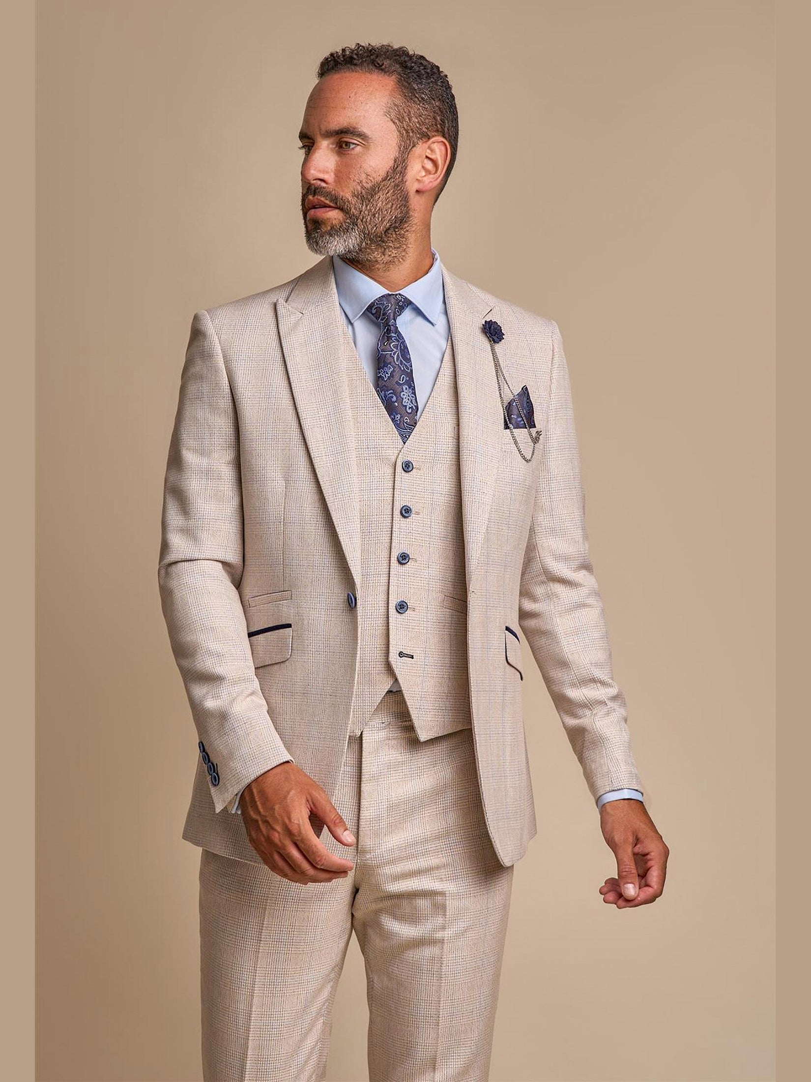 MENS CARIDI BEIGE TAILORED FIT THREE PIECE SUIT CAVANI