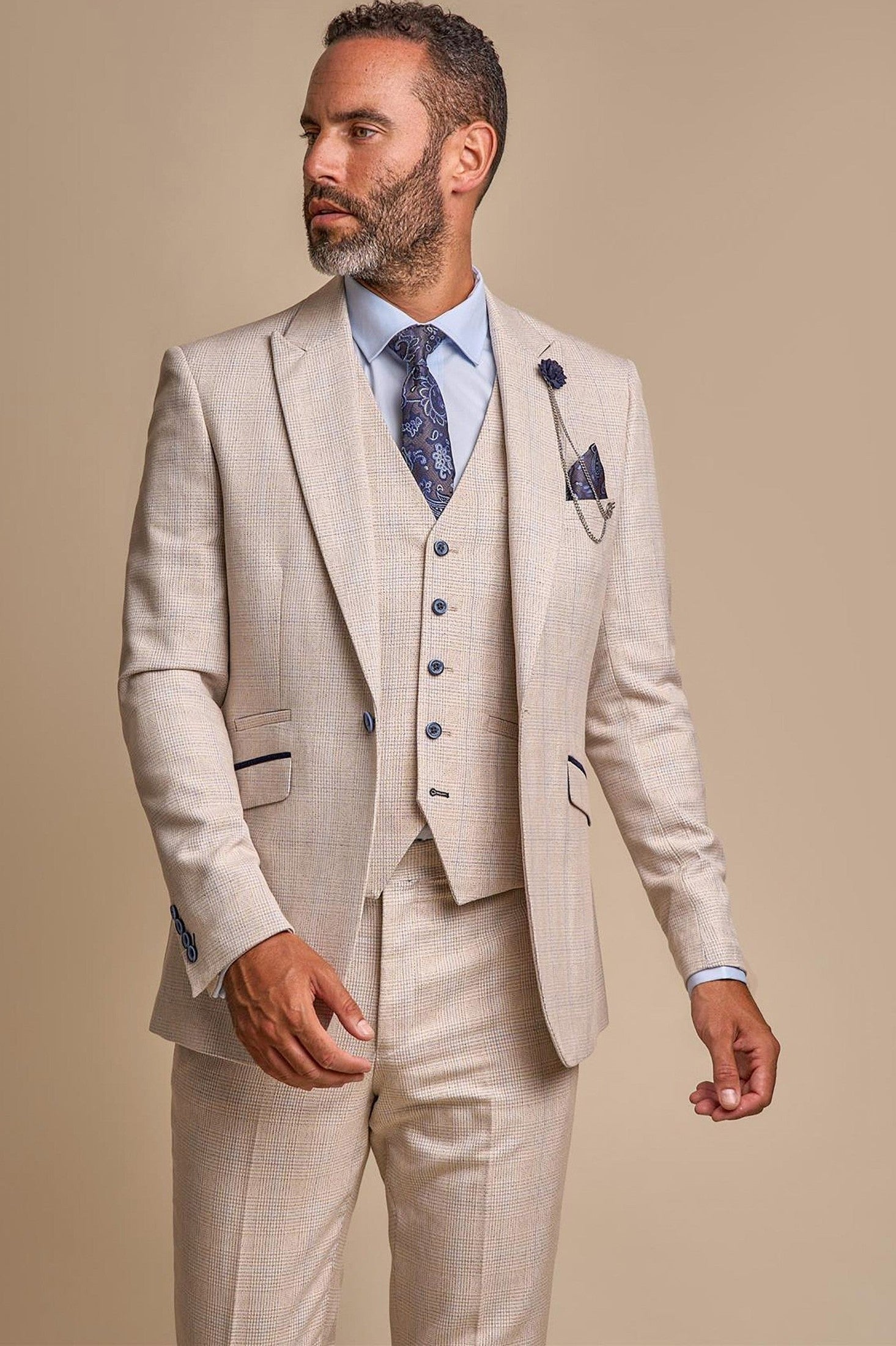 MENS CARIDI BEIGE TAILORED FIT THREE PIECE SUIT CAVANI