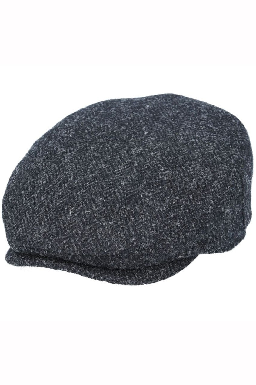 BLACK HERRINGBONE PURE SCOTTISH WOOL FLAT CAP