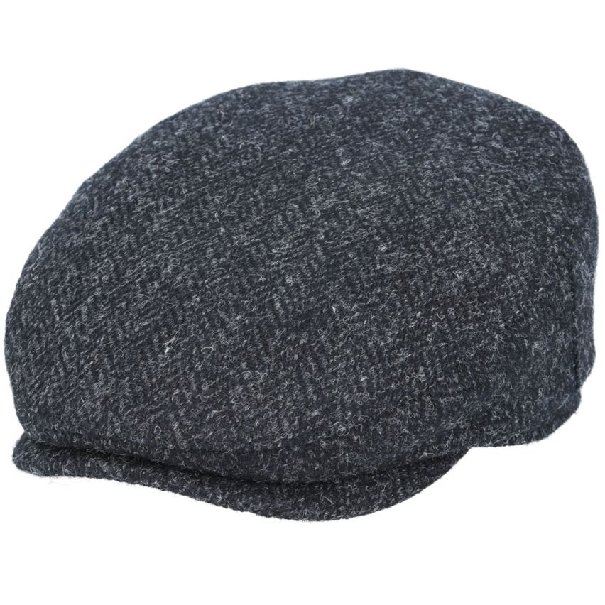 BLACK HERRINGBONE PURE SCOTTISH WOOL FLAT CAP