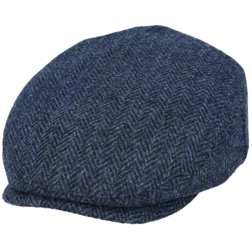 HERRINGBONE PURE SCOTTISH WOOL FLAT CAP IN NAVY