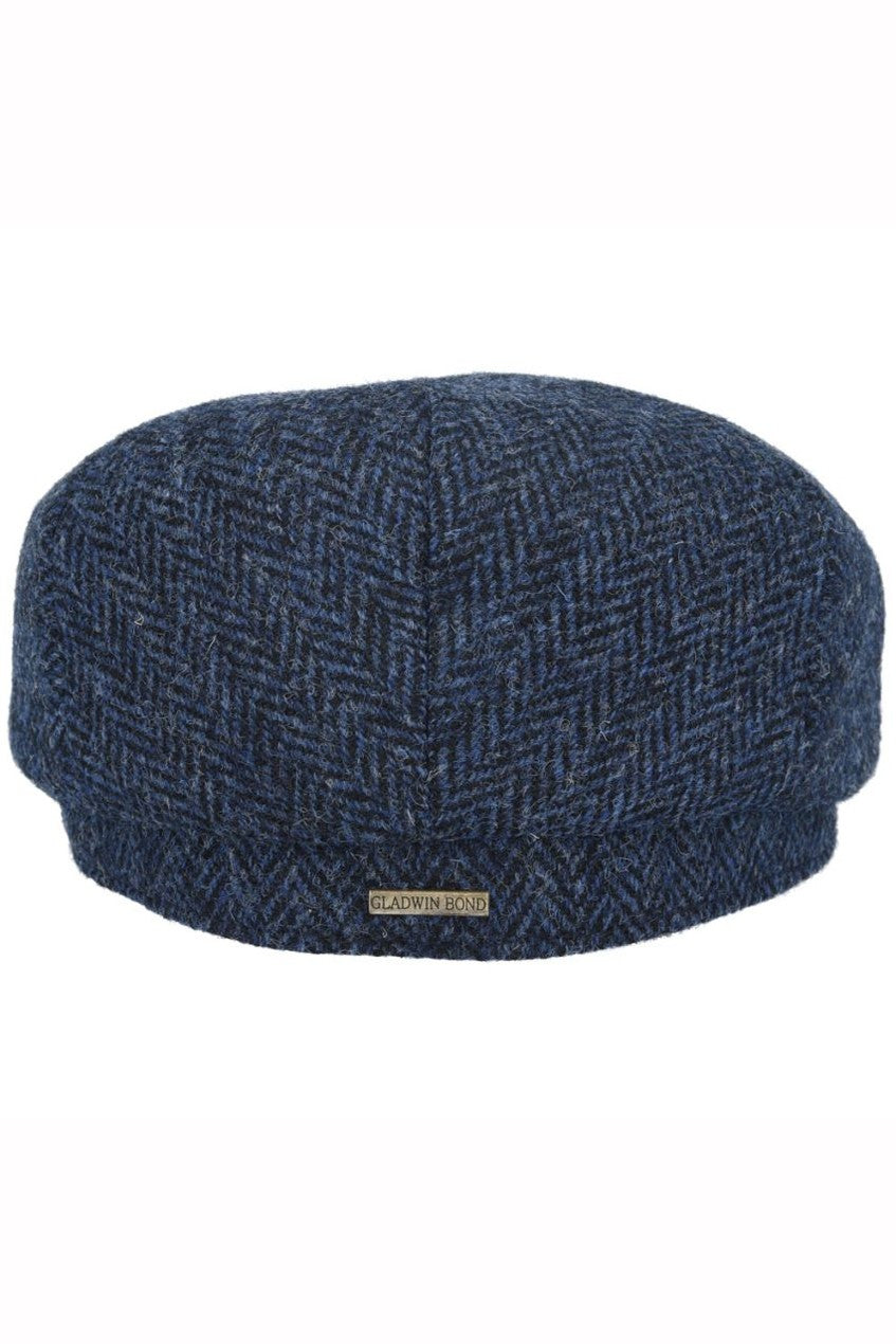 HERRINGBONE PURE SCOTTISH WOOL FLAT CAP IN NAVY