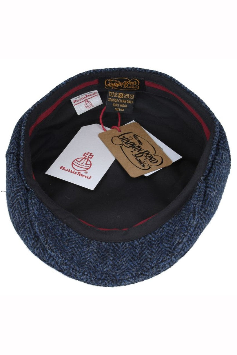 HERRINGBONE PURE SCOTTISH WOOL FLAT CAP IN NAVY