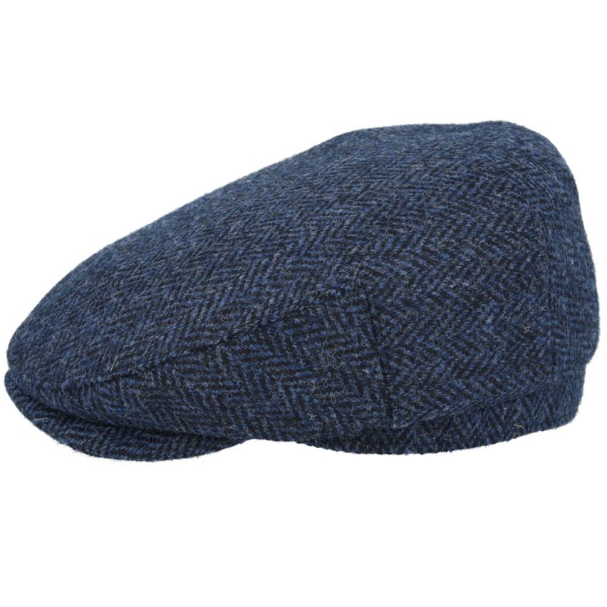 HERRINGBONE PURE SCOTTISH WOOL FLAT CAP IN NAVY