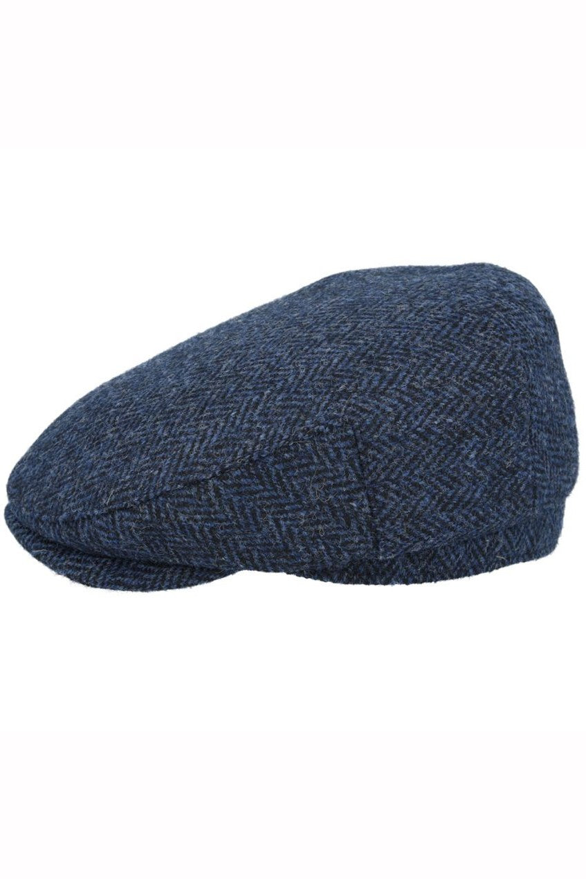 HERRINGBONE PURE SCOTTISH WOOL FLAT CAP IN NAVY