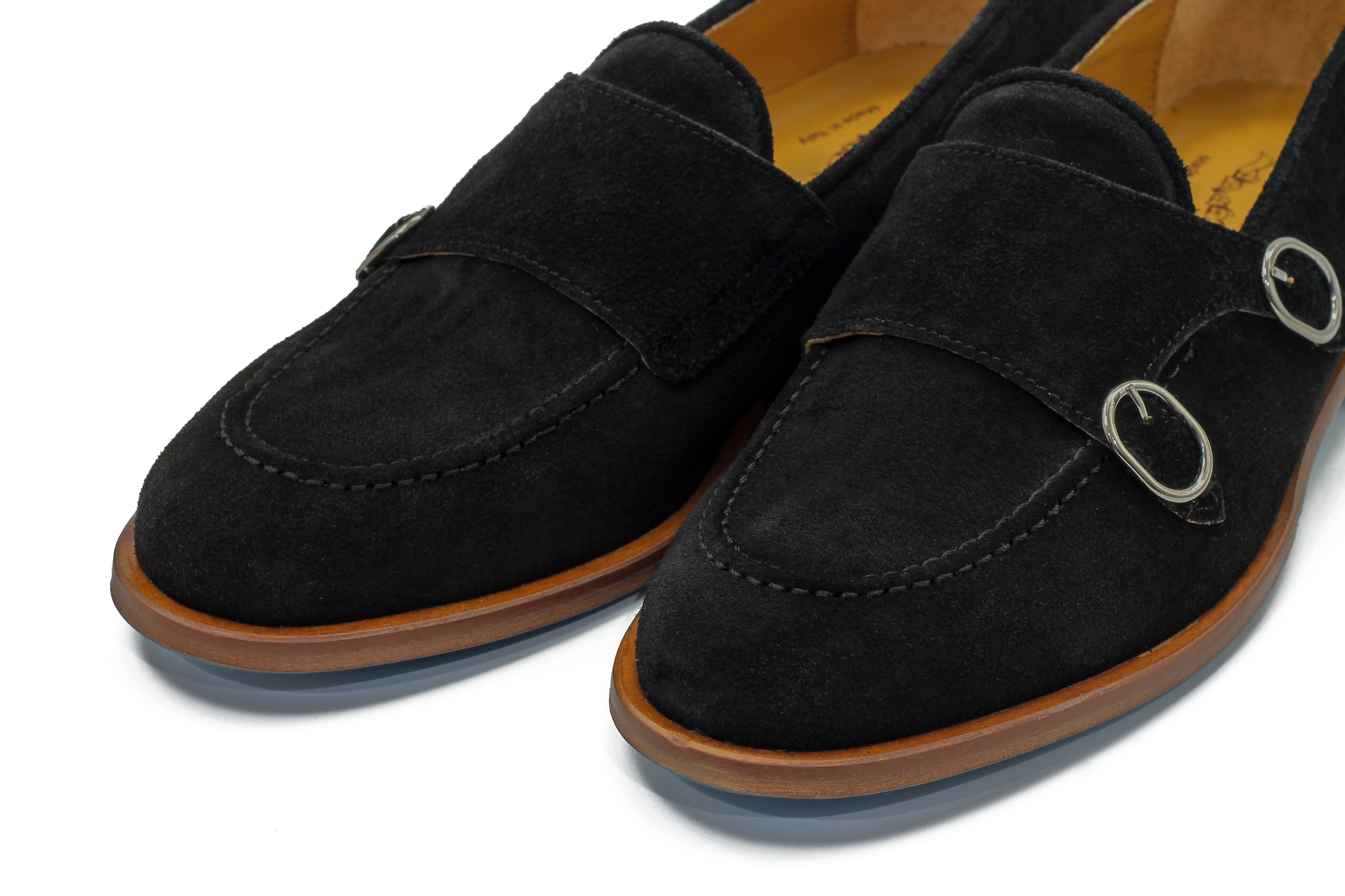 BLACK ITALIAN SUEDE DOUBLE BUCKLE LOAFER