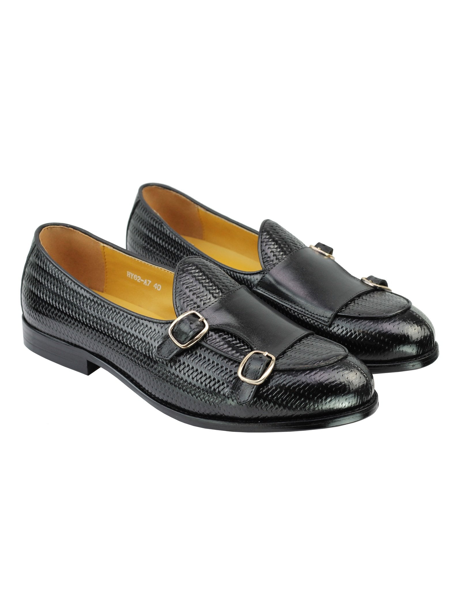 BLACK LEATHER DOUBLE MONK LOAFERS