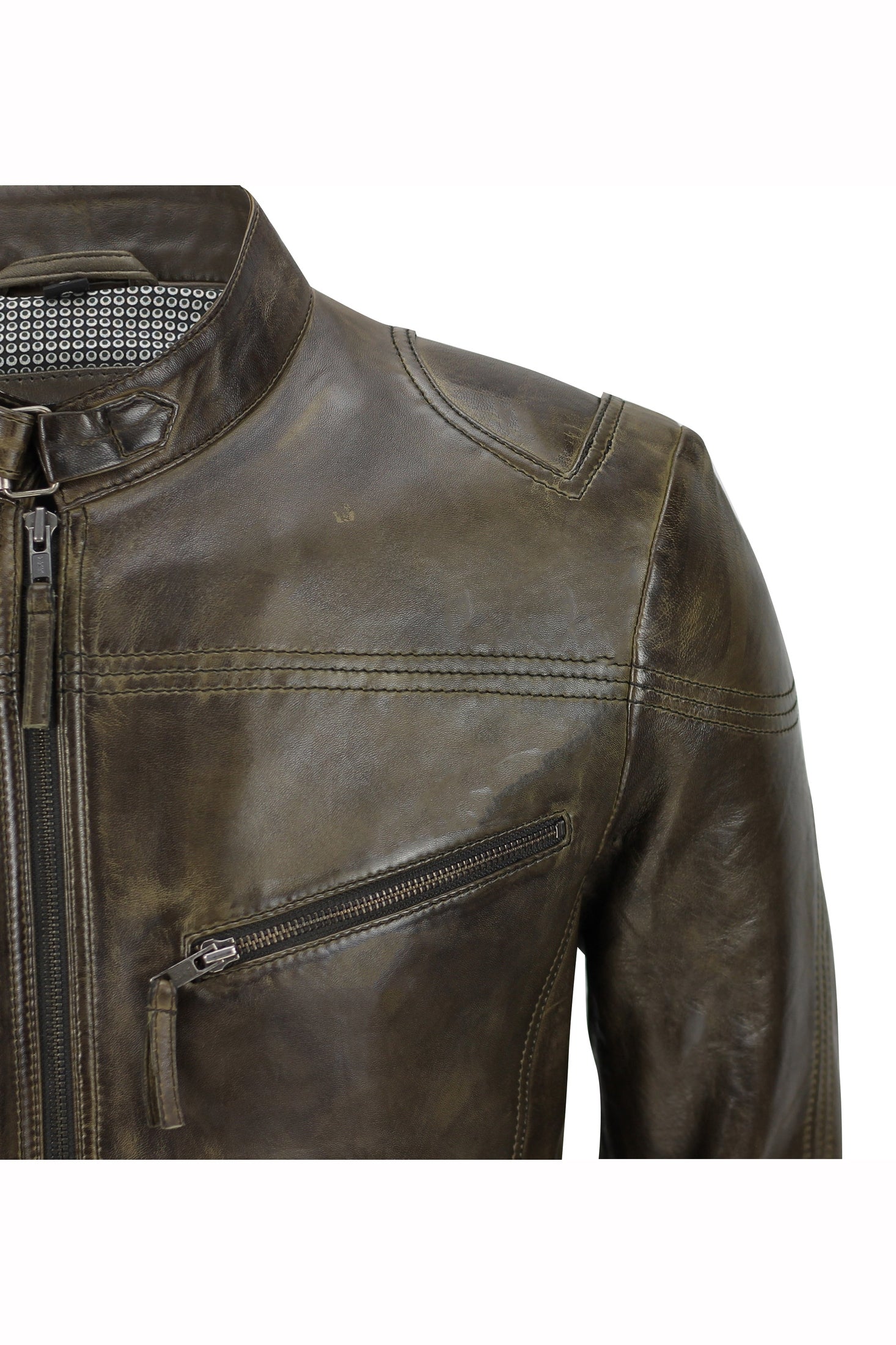 Mens Vintage Real Leather Brown Biker Style Zipped Pockets Casual Fitted Jacket