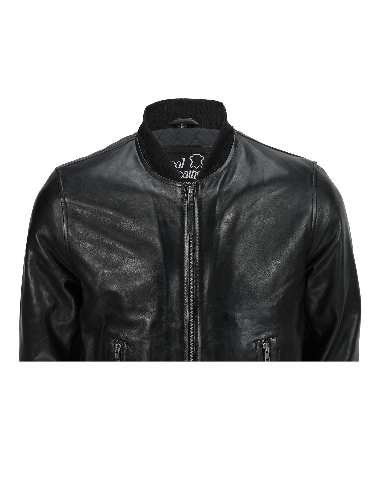 Mens Black Soft Real Leather Vintage Collar Bomber Style Biker Jacket