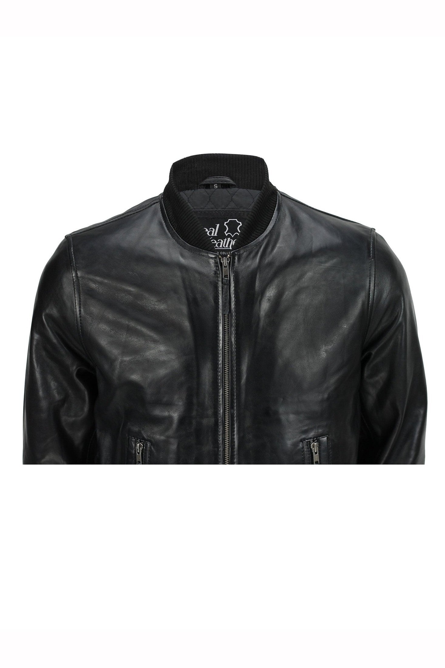 Mens Black Soft Real Leather Vintage Collar Bomber Style Biker Jacket