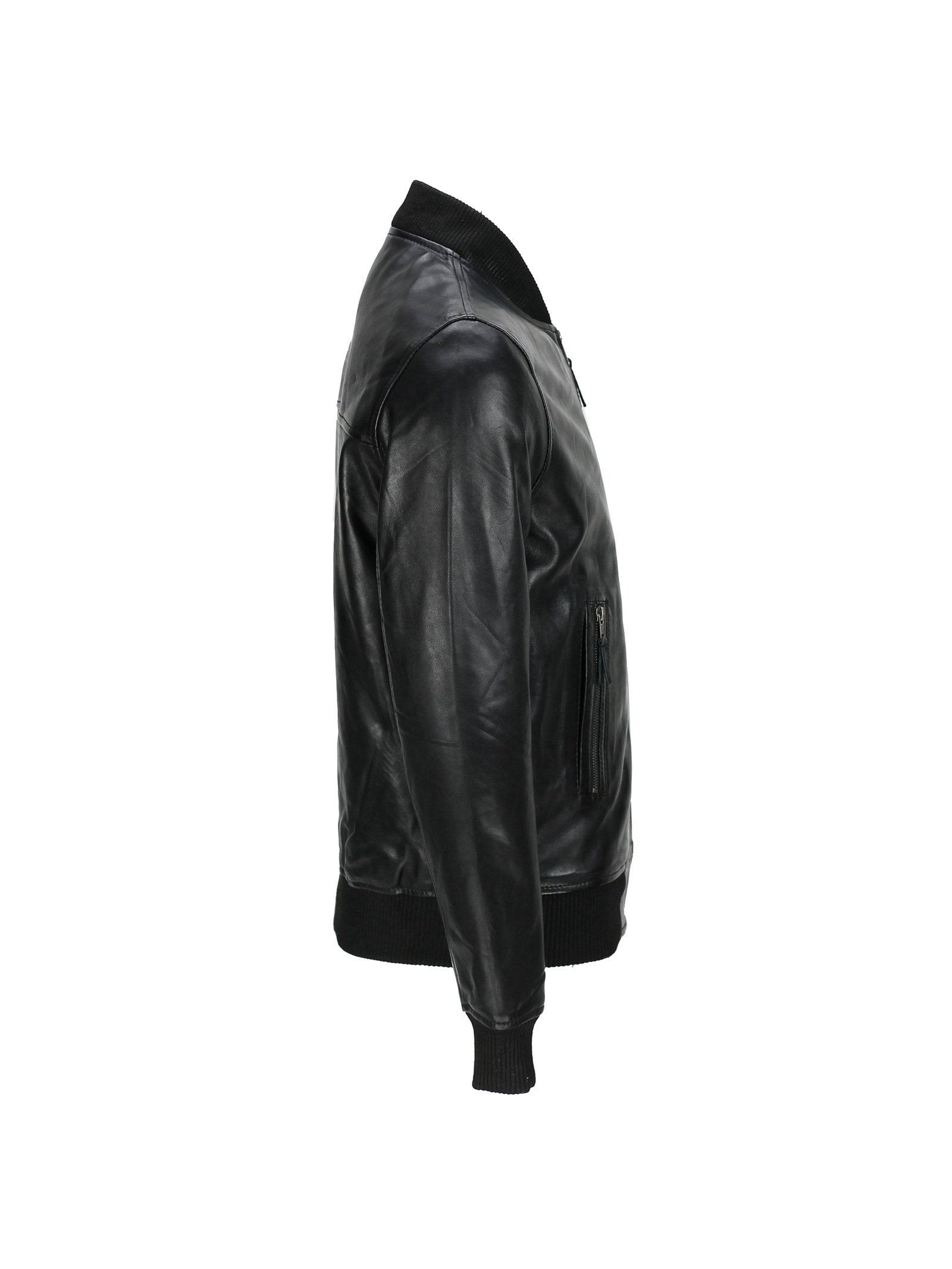 Mens Black Soft Real Leather Vintage Collar Bomber Style Biker Jacket