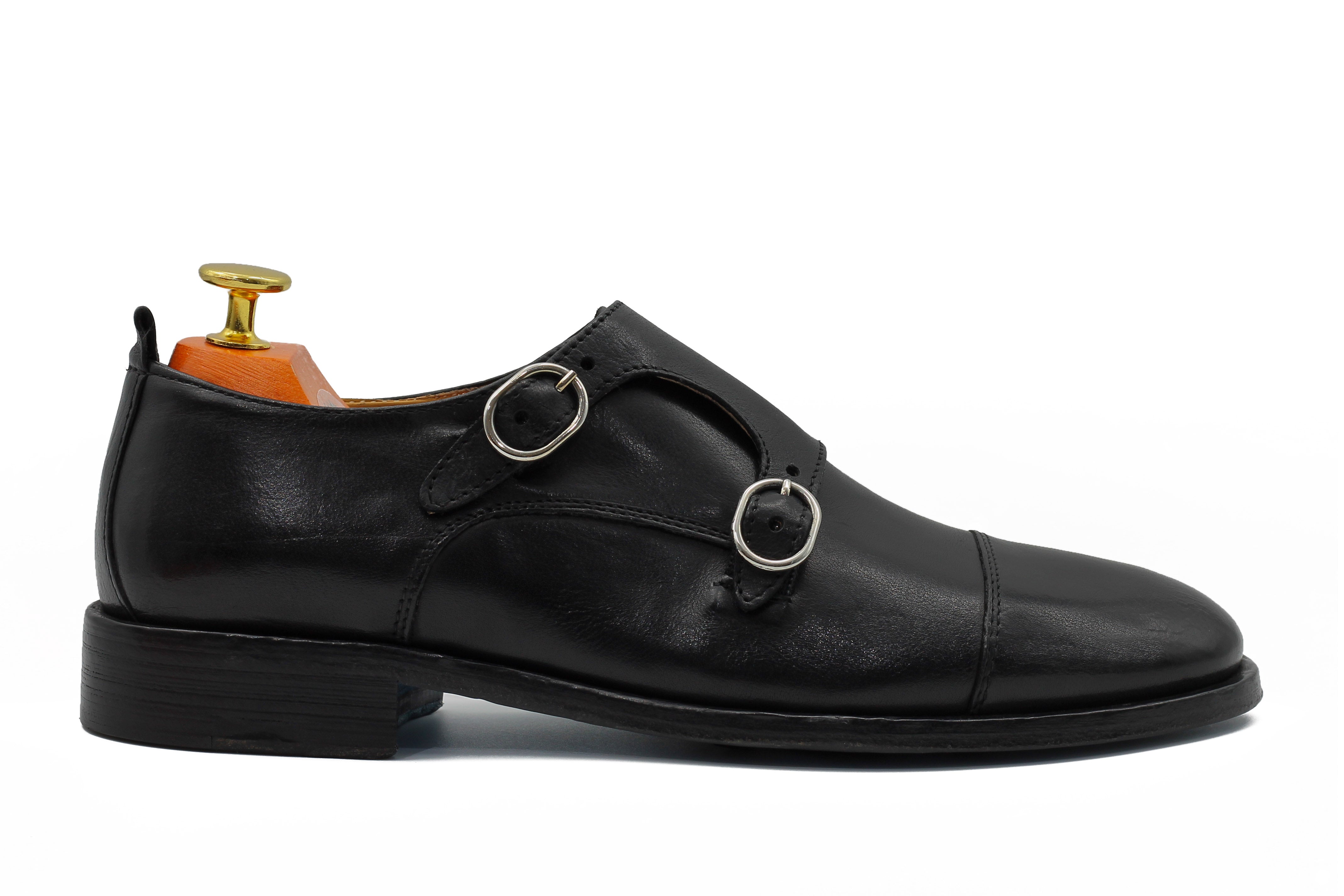 BLACK CALFSKIN DOUBLE BUCKEL MONKS