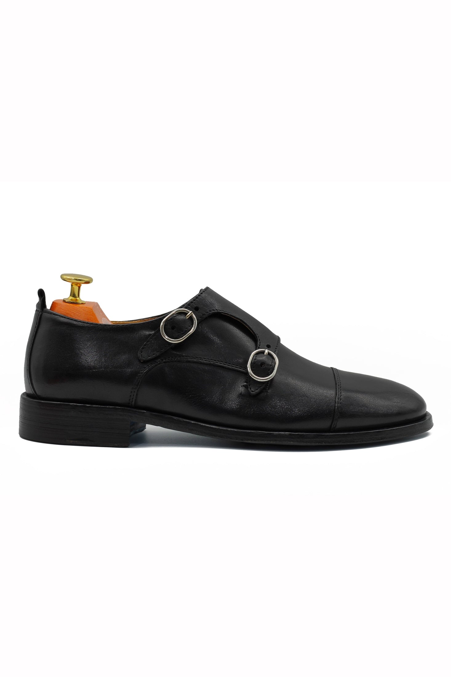 BLACK CALFSKIN DOUBLE BUCKEL MONKS