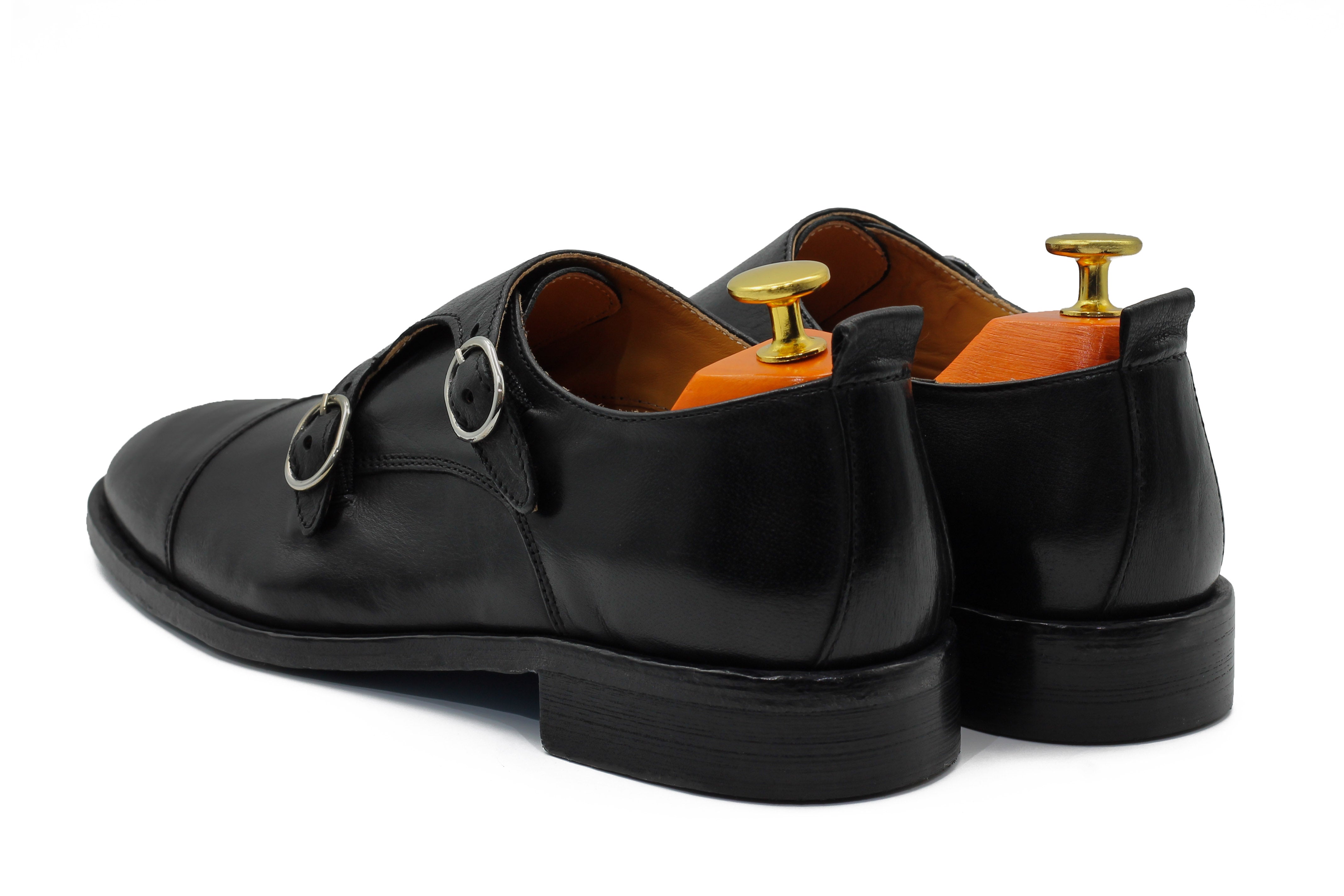 BLACK CALFSKIN DOUBLE BUCKEL MONKS