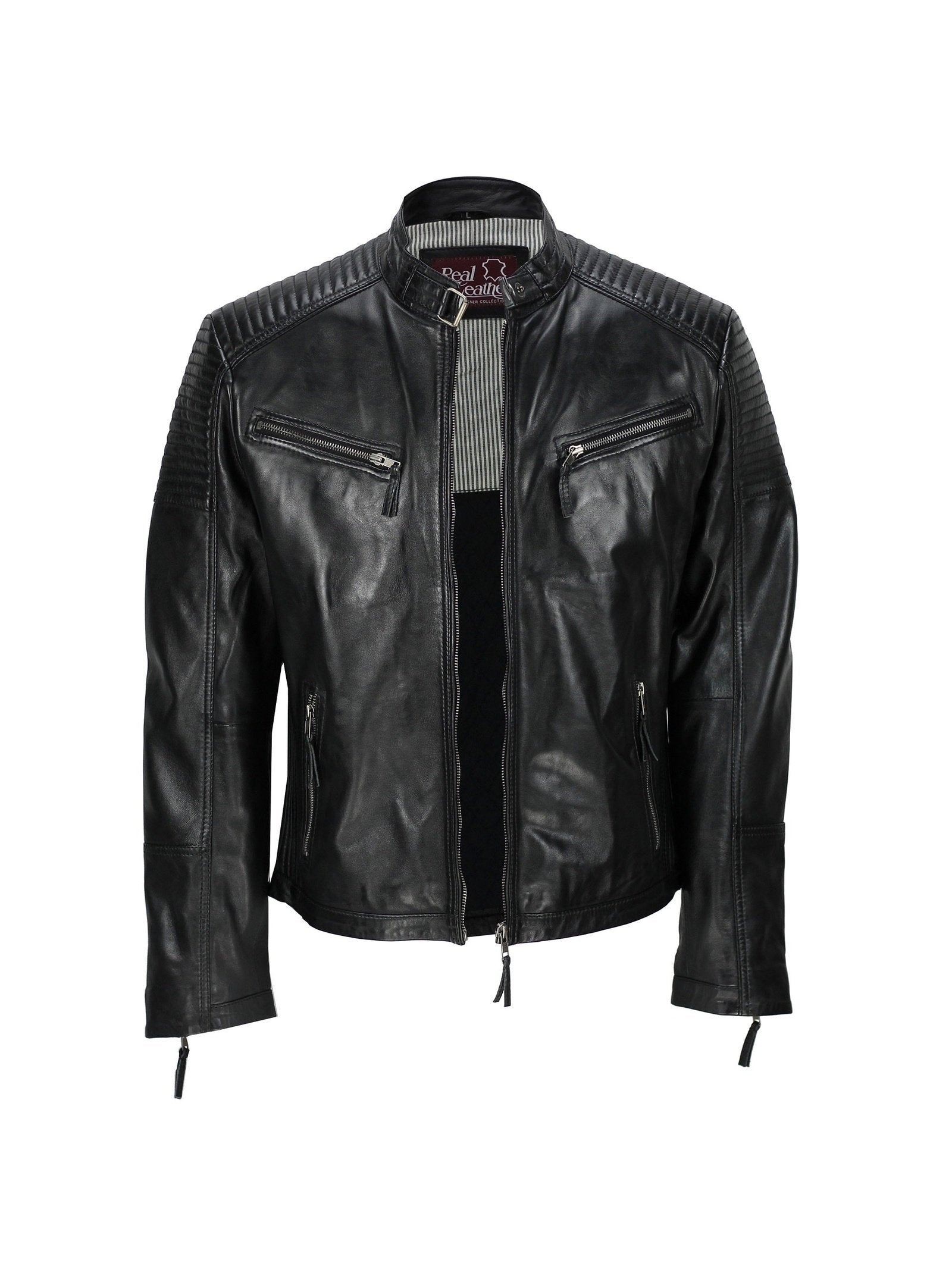Mens New Black Real Leather Vintage Biker Style Zipped Smart Casual Retro Jacket