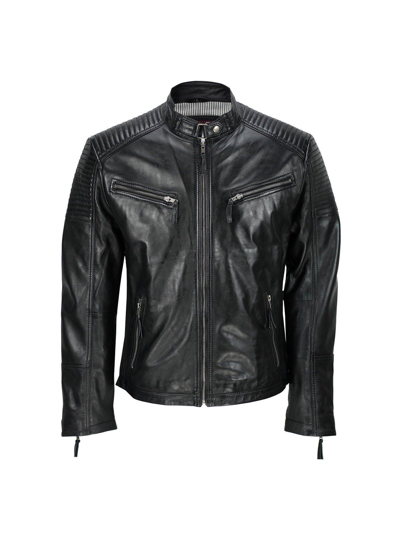 Mens New Black Real Leather Vintage Biker Style Zipped Smart Casual Retro Jacket