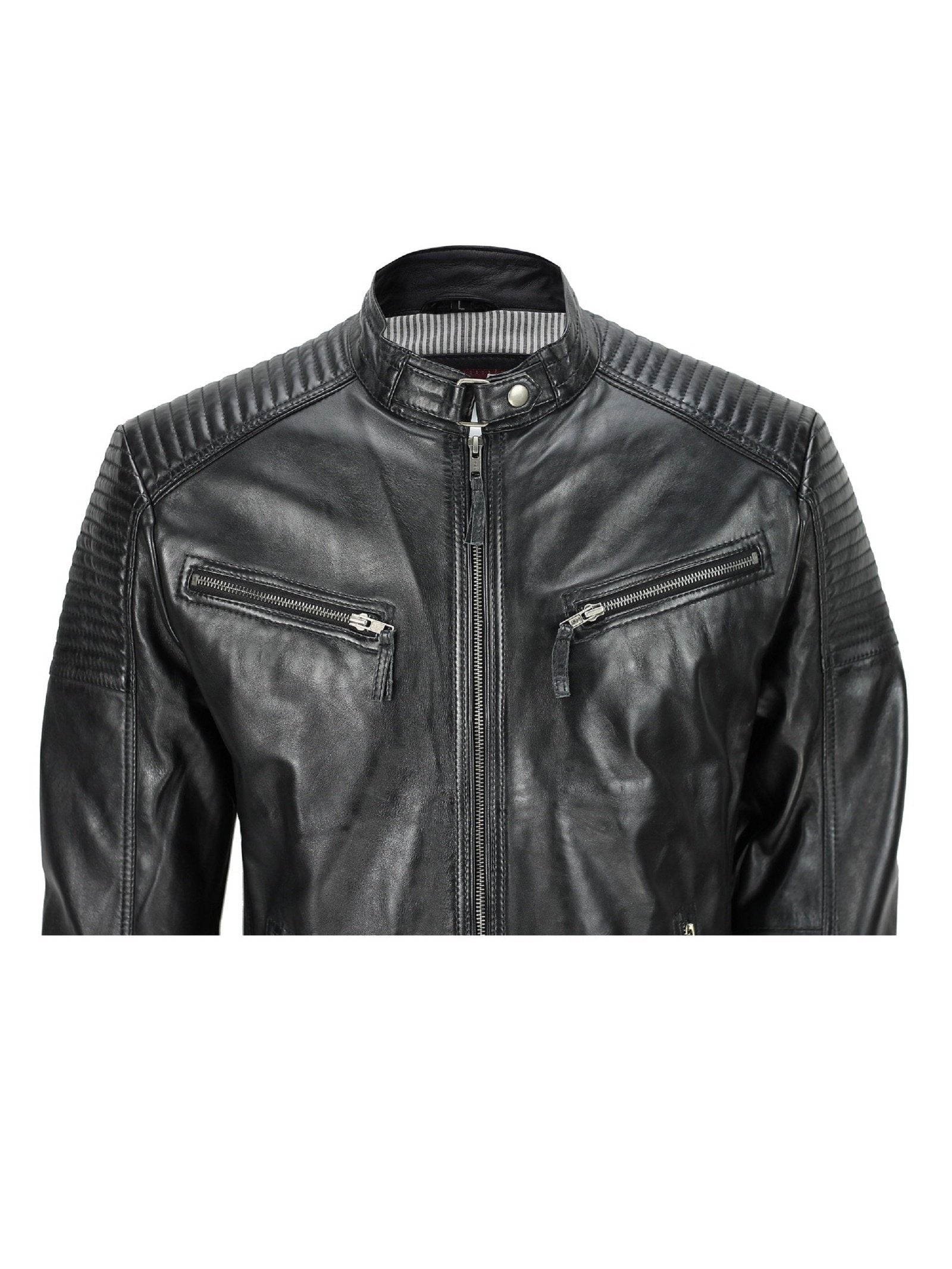 Mens New Black Real Leather Vintage Biker Style Zipped Smart Casual Retro Jacket