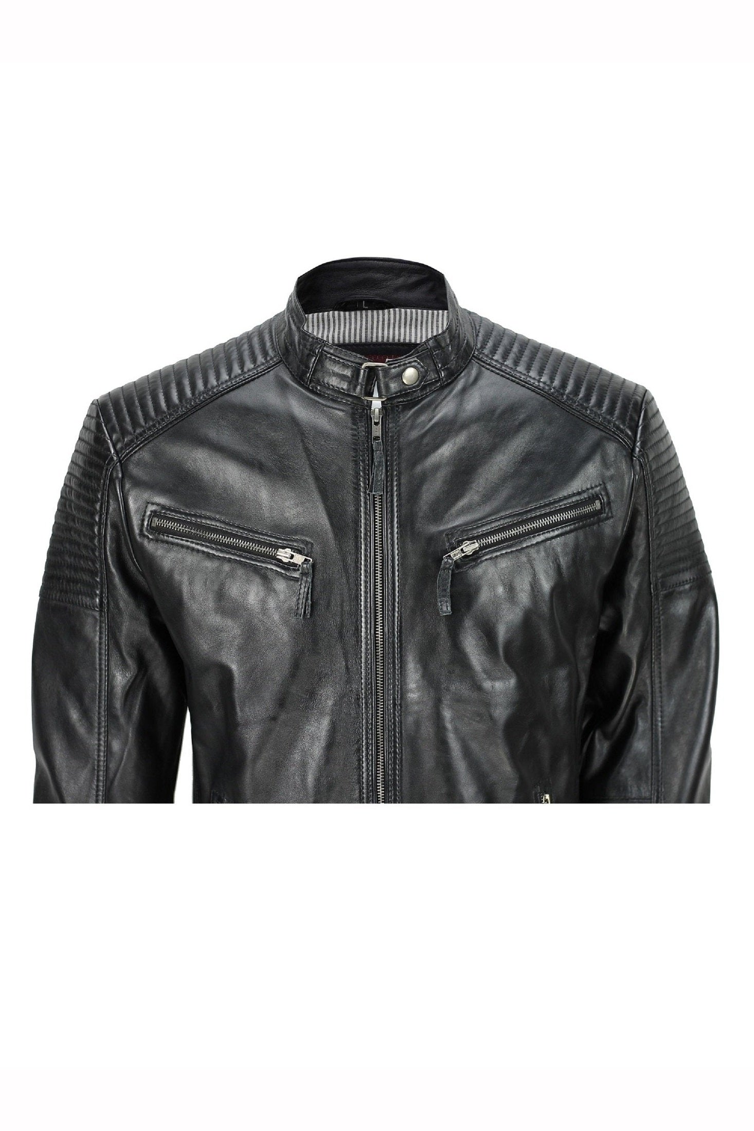 Mens New Black Real Leather Vintage Biker Style Zipped Smart Casual Retro Jacket