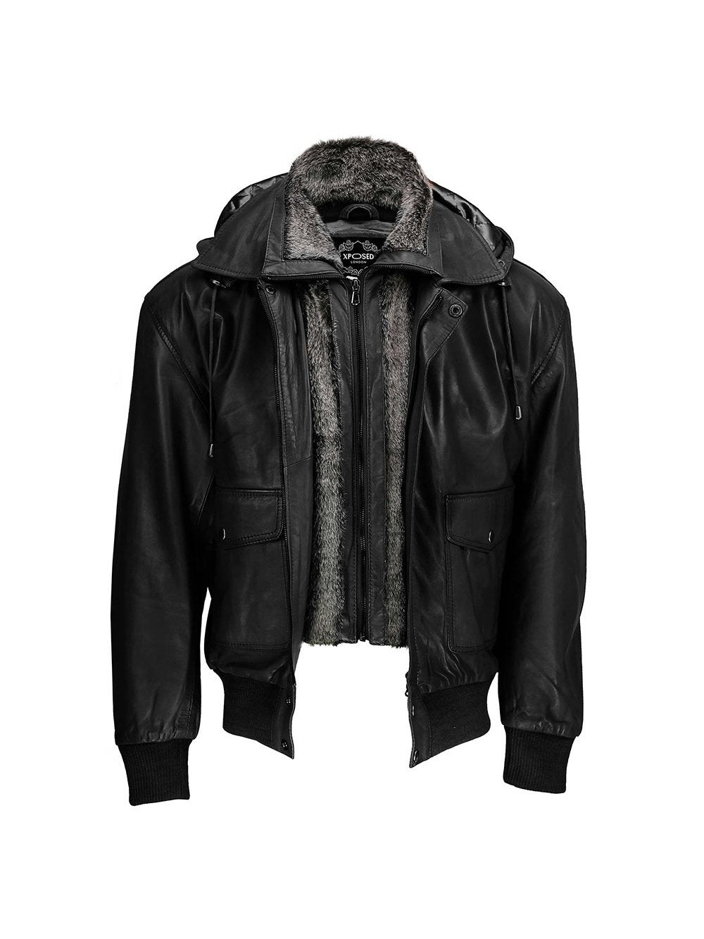 BOMBER FUR COLLAR LEATHER JACKET WITH HOOD
