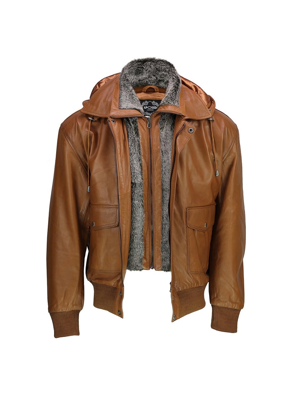 BOMBER FUR COLLAR LEATHER JACKET WITH HOOD IN TIMBER