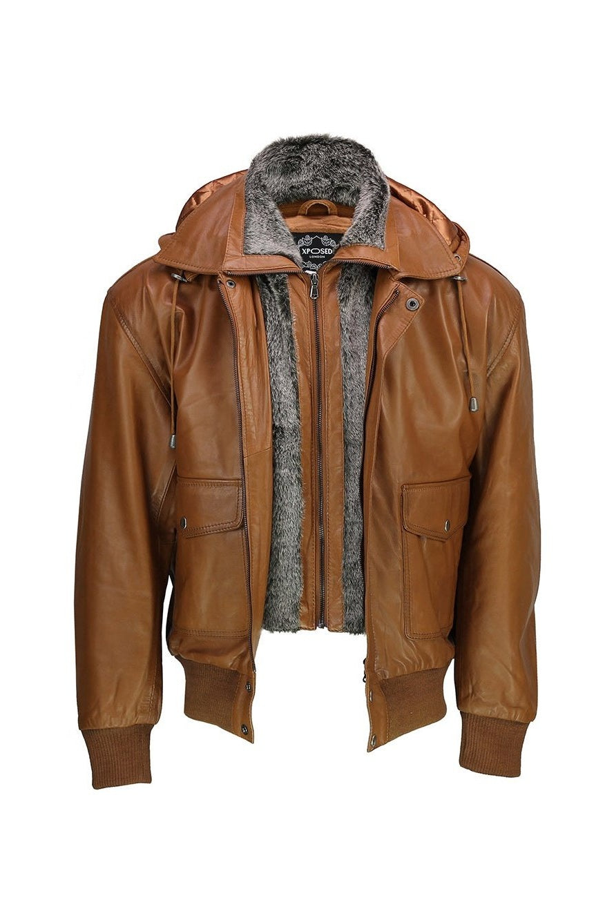 BOMBER FUR COLLAR LEATHER JACKET WITH HOOD IN TIMBER