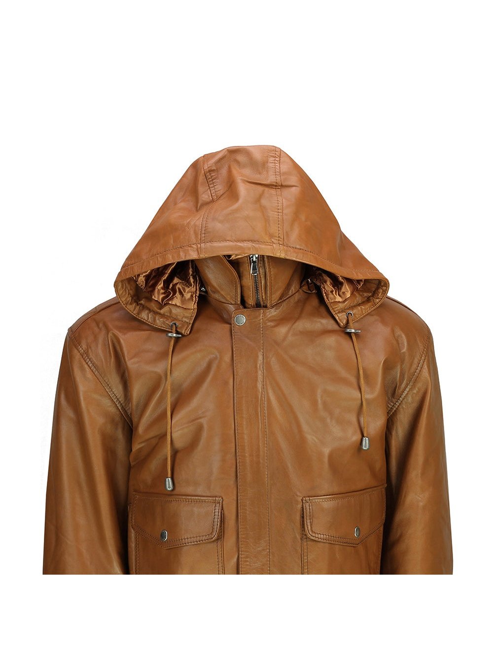 BOMBER FUR COLLAR LEATHER JACKET WITH HOOD IN TIMBER