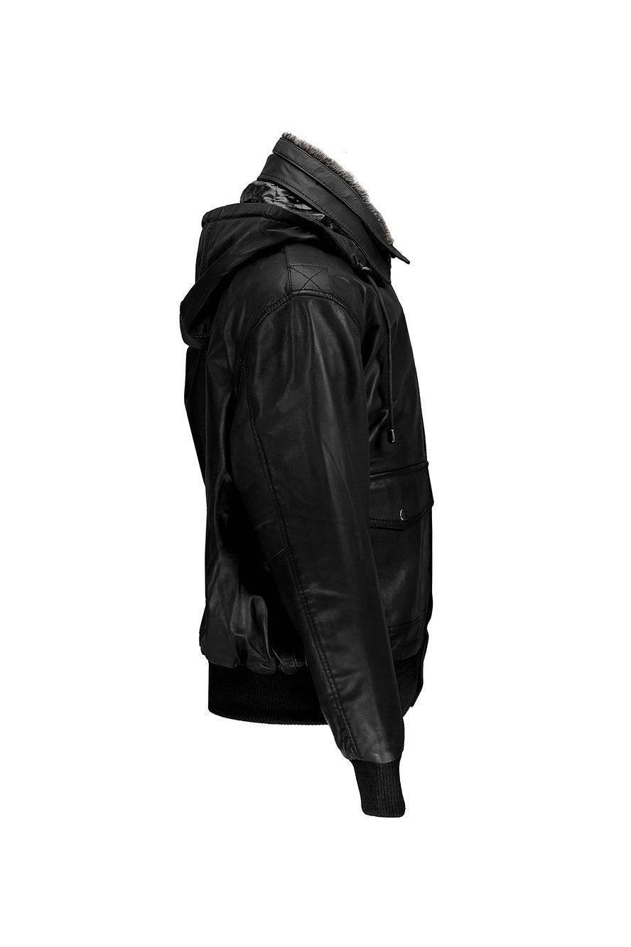 BOMBER FUR COLLAR LEATHER JACKET WITH HOOD
