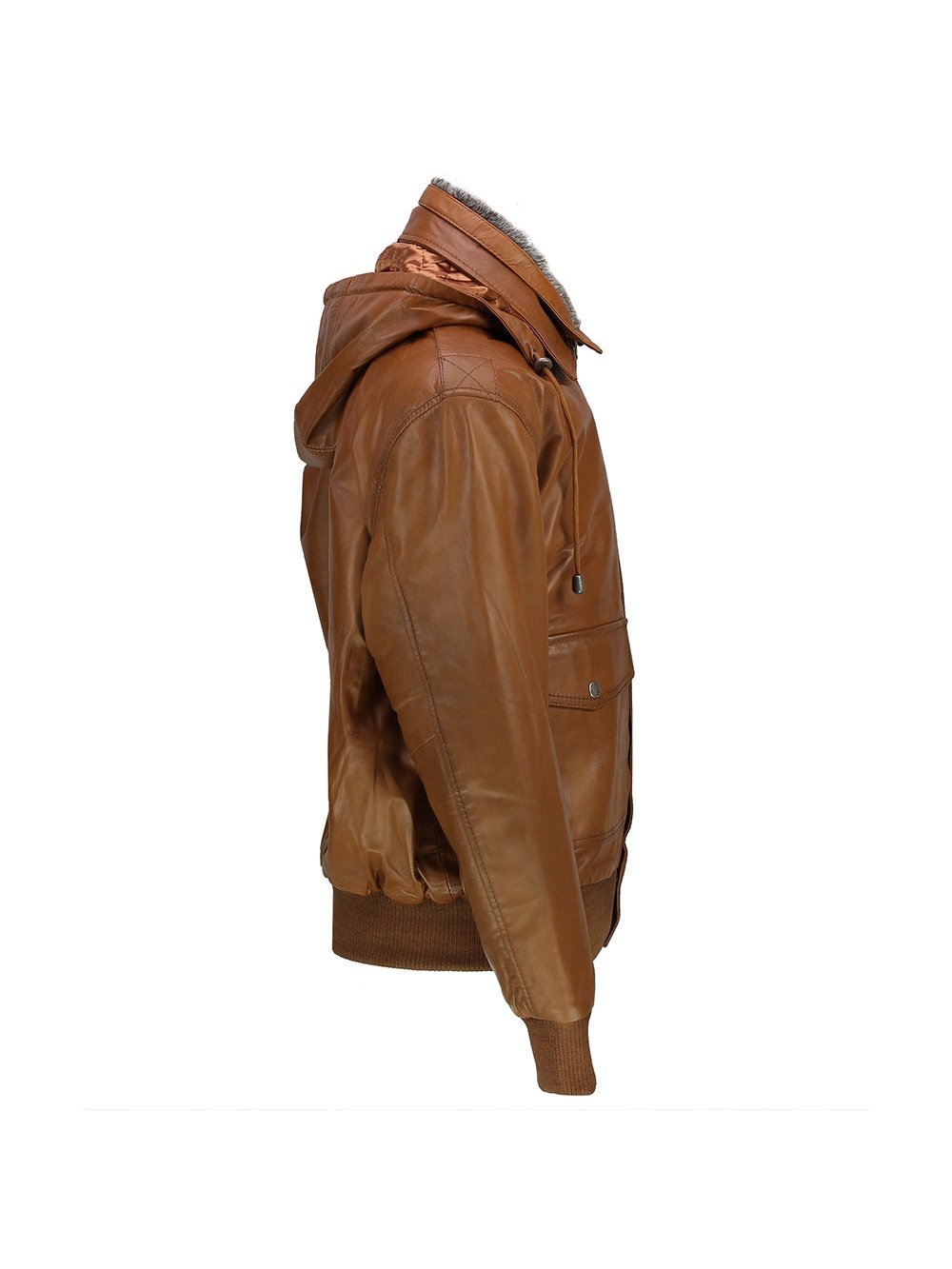 BOMBER FUR COLLAR LEATHER JACKET WITH HOOD IN TIMBER