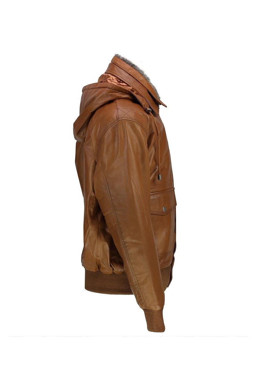 BOMBER FUR COLLAR LEATHER JACKET WITH HOOD IN TIMBER