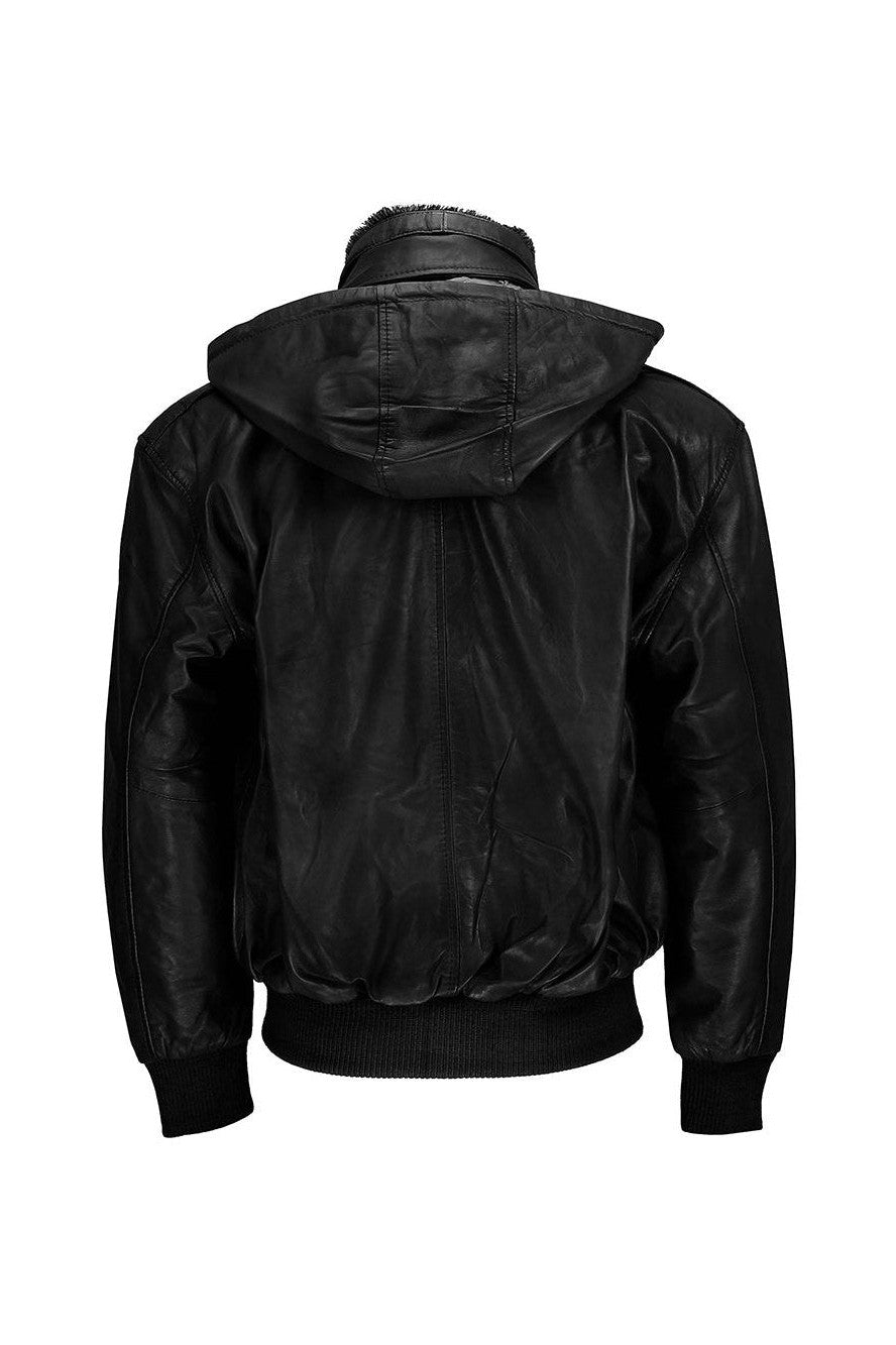 BOMBER FUR COLLAR LEATHER JACKET WITH HOOD