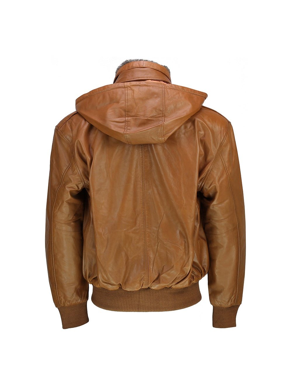BOMBER FUR COLLAR LEATHER JACKET WITH HOOD IN TIMBER