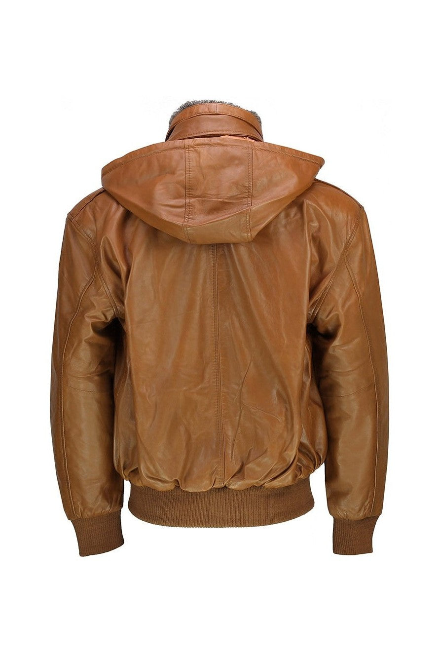 BOMBER FUR COLLAR LEATHER JACKET WITH HOOD IN TIMBER